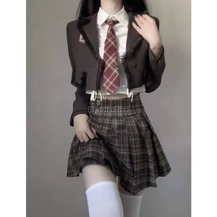 

korea style preppy short suit jacket for women polo collar shirt high-waisted plaid pleated skirt three-piece 2025 Hot Sale