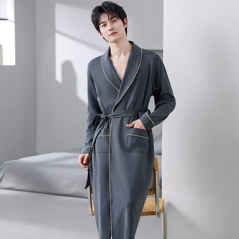 

Весенне-осенний халат для мужчин, 100% хлопок, топ для сна, кимоно, халаты для мужчин, однотонные халаты, длинный банный халат, халат для жениха, халат