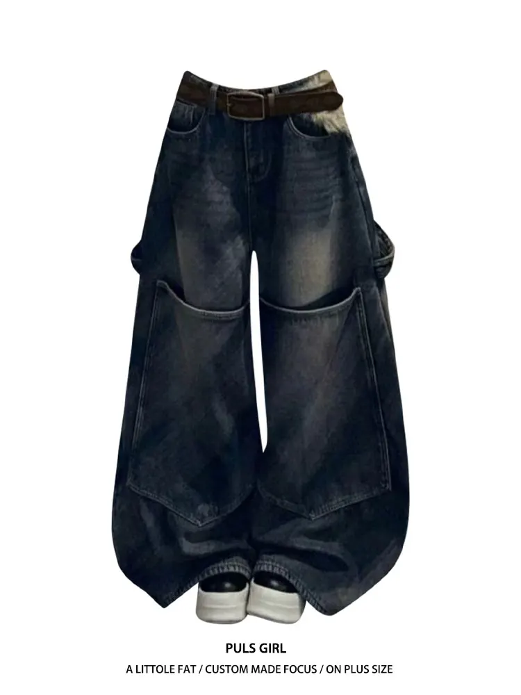 

High Waist Wide Leg Jeans Women's American Street Style Washed out Old Knife Pocket Jeans Casual Loose Fit Floor Length