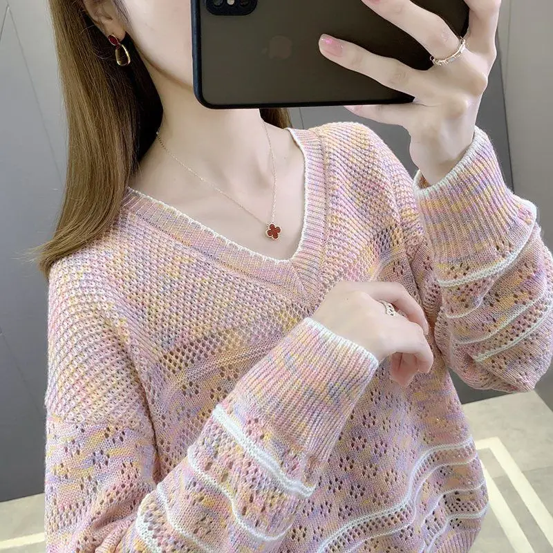 Women Bright New Hollow Out Sweater Women's Fashionable Loose Fit Large V-Neck with Thin Knit Underlay for Outer Wear Clothes