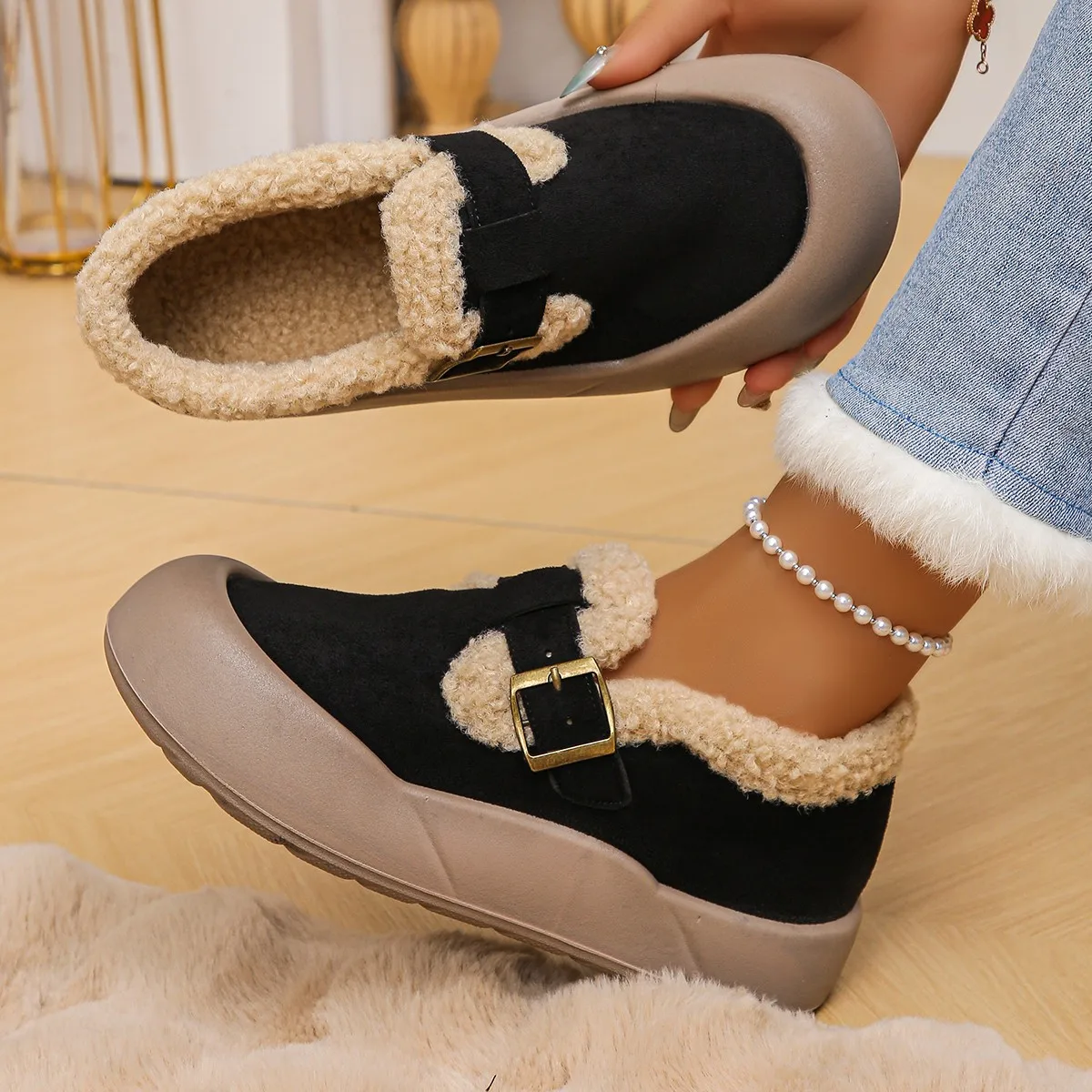 

Fashion Women's Mix Color Faux Fur Snow Boots Women's Winter Round Toe Thick Bottom Ankle Boots Warm Short Plush Cotton Booties