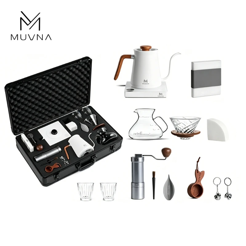 MUVNA 13Pcs Pour Over Coffee Set,Portable Manual Grinder Gooseneck Kettle Drip Filter Server Barista Gift Box Camping Brewing