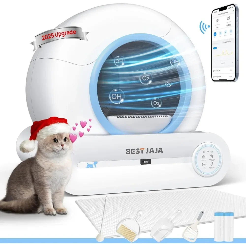 

Litter Box with Mat & Multiple Cleaning Tools, 68L+9L Large Capacity Litter Box Robot, Suitable for Multiple Cats, APP Control