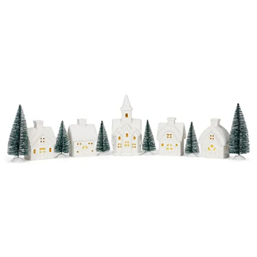 

Winter Village with Barn White Unglazed Porcelain Holiday Pre Lit LED Figurines, Set of 11, 5 Inch