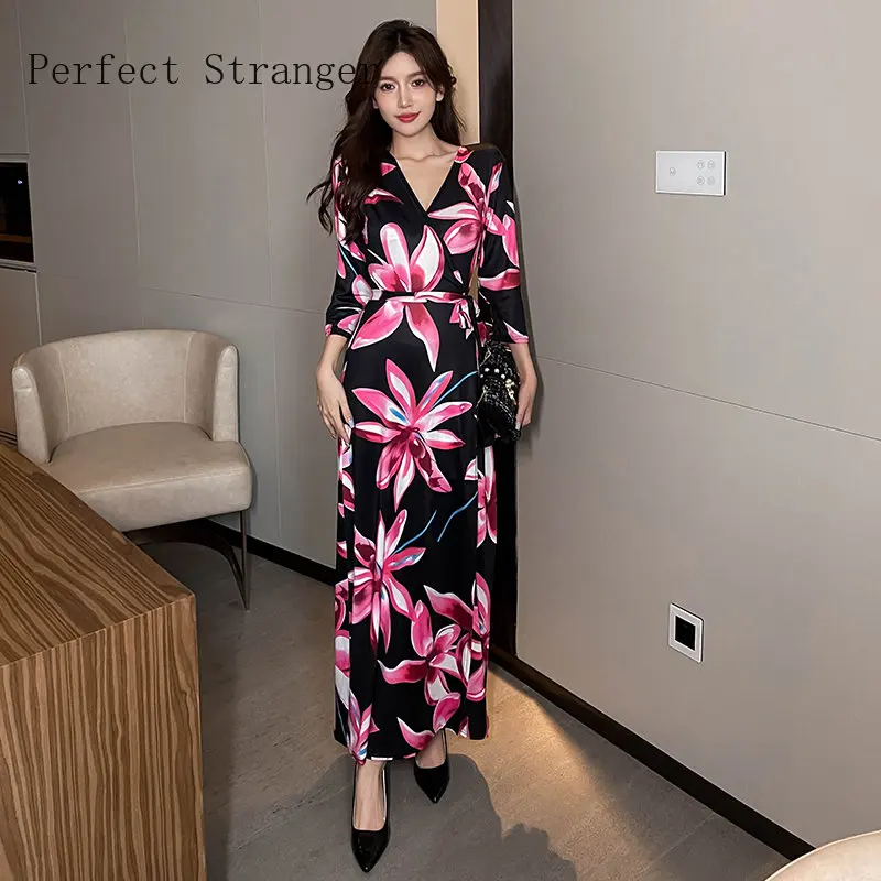 2024 Summer Women Dress Long Bodycon Female Vintage Flower Printed Three-quater Sleeve Beach Women Jag Dresses Casual Vestido