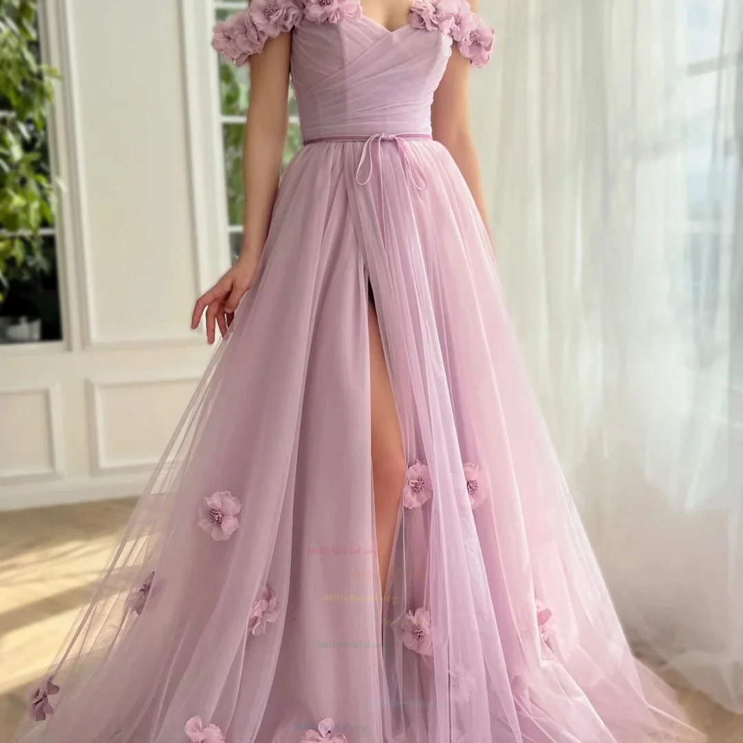 Bella Customized Pink One Shoulder 3D Flowers Backless robes de soirée Mesh Fabric Party Dresses Floor-Length Prom Dress 2025