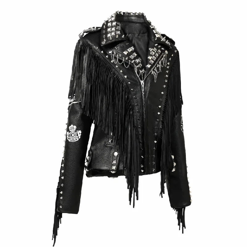 PU Leather Jacket for Women Short Fashion Designer Punk Rivets Chain Moto & Biker Jackets Streetwear Fringed Coats ceketler