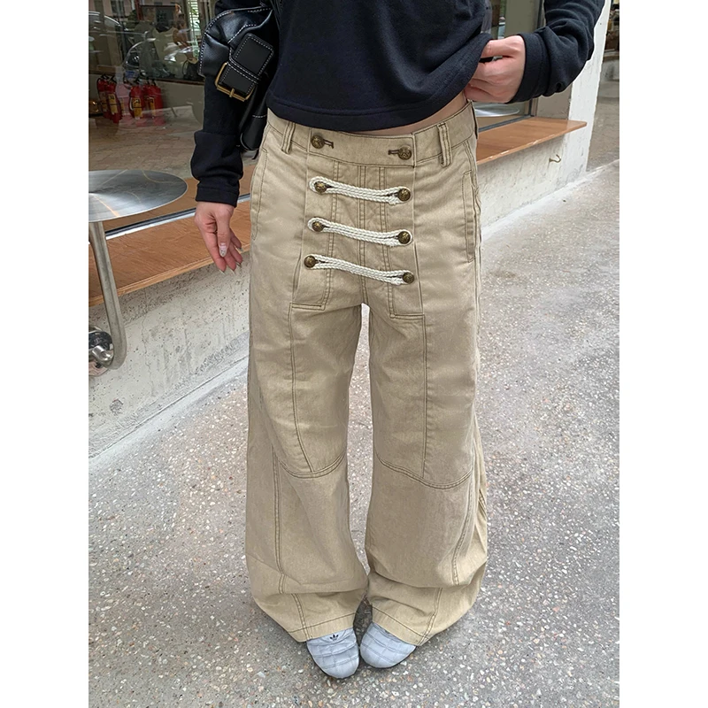 ZHIZOU Women Khaki Cargo Denim Jeans Baggy Y2K Harajuku High Street 2000s Style Retro Wide Leg Jeans Long Pants Clothing Autumn