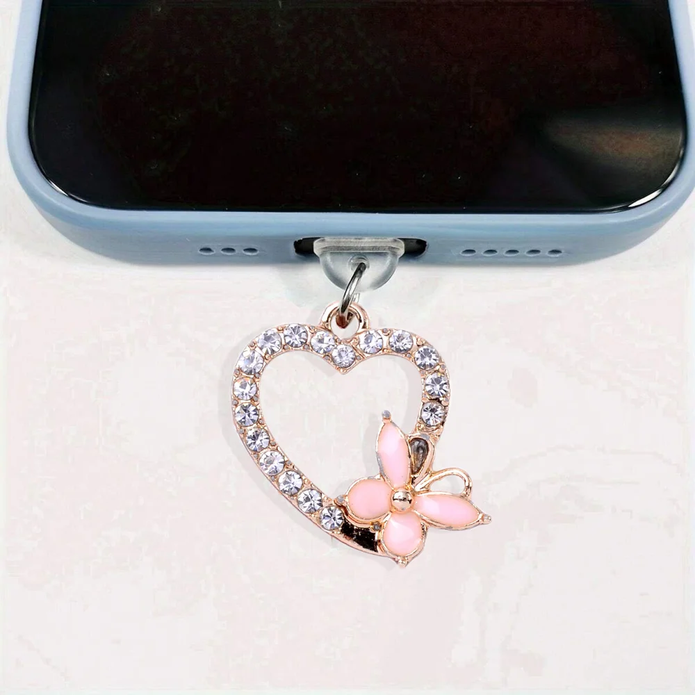 Alloy Love Heart Diamond Mobile Phone Dust Plug Color Crystal Peach Heart Butterfly Pendant Mobile Phone Decoration Accessories