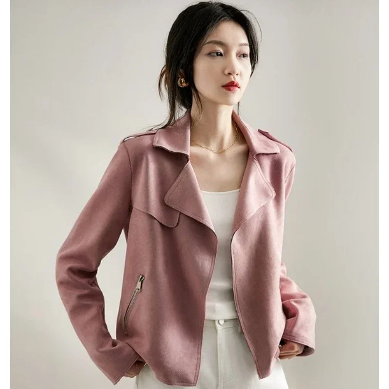 Jacket Women Coat Clothing Outwear 2024 Autumn Spring Fashion Korean Slim Moto Style Imitation Deer Fur Polo Collar Short