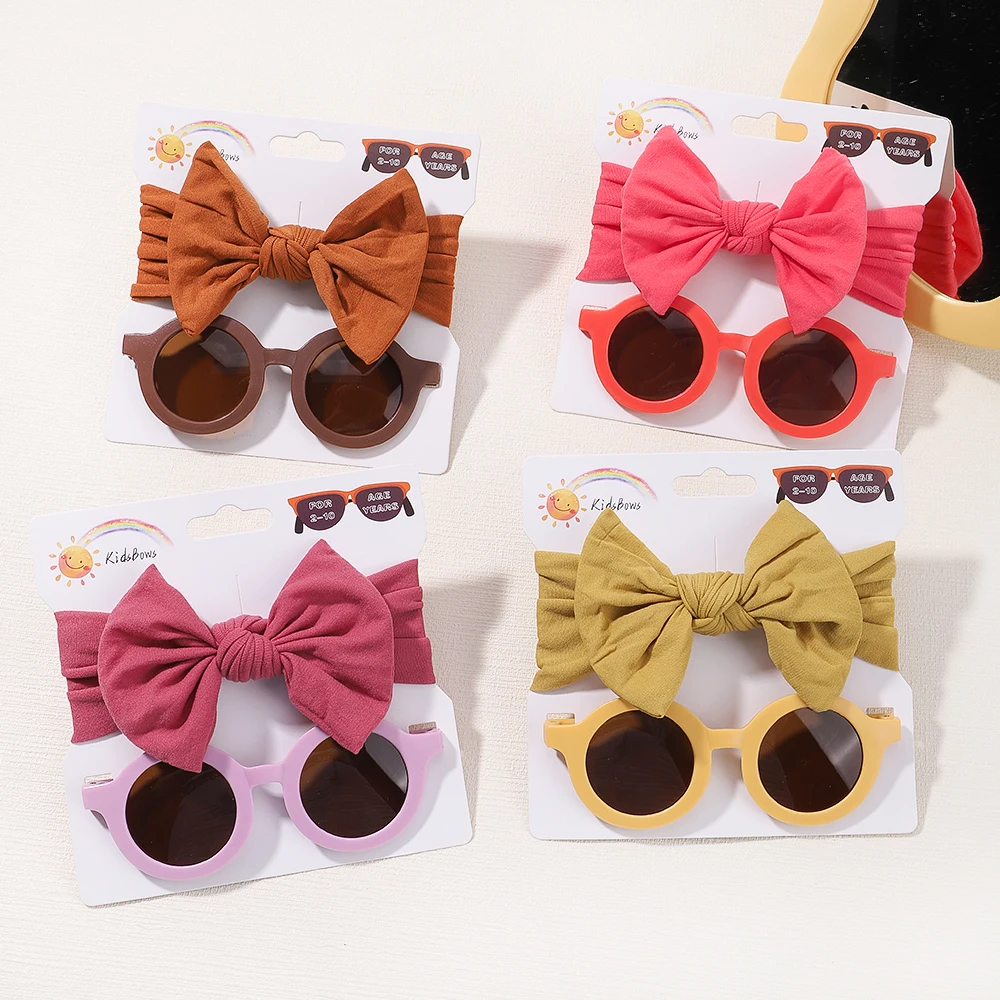 2Pcs/Set Soft Summer Bows Headband Vintage Kids Round Sunglasses Children Sun Glasses Protection Glasses Kids Hair Accessories