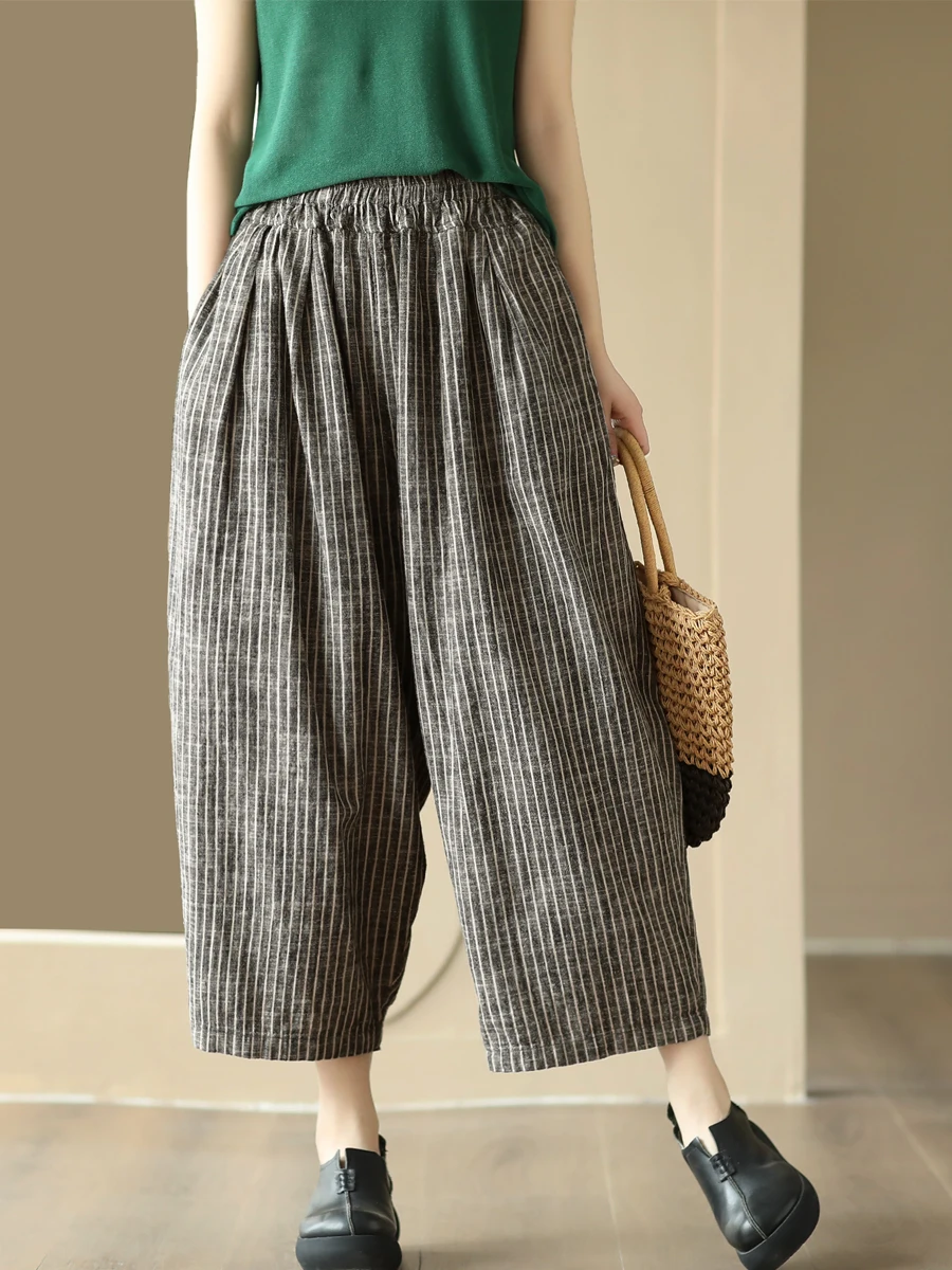 

Свободные повседневные брюки женские с эластичным поясом, утягивающие, в стиле «гарем», цветные, из тканого льна, в полоску, свободные, удобные, с высокой талией