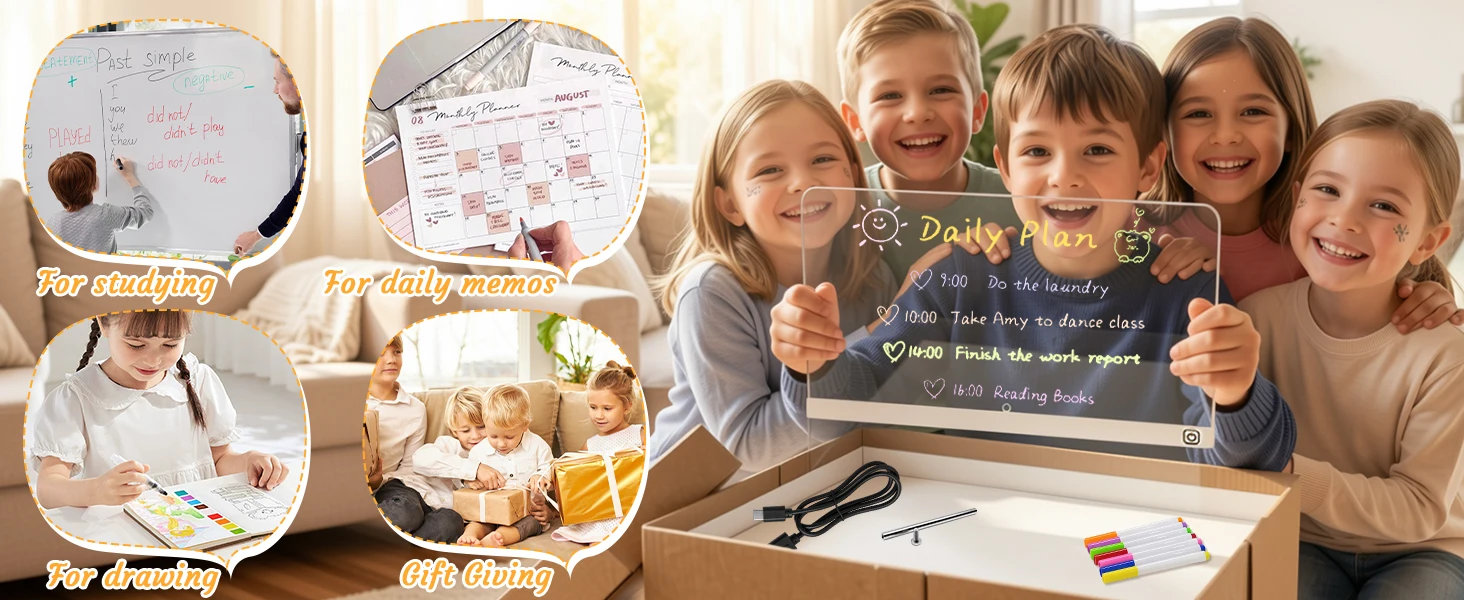 LED-Zeichenbrett mit 7 Farben & 3 Lichtmodi, Löschbare Notiztafel Inklusive Ständer, 7 Marker, Perfekt für Feiertage und Geburtstage – Detail 4