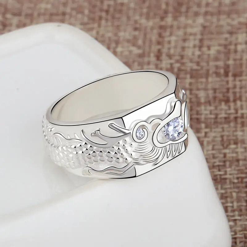 S925 silver creative Chinese dragon diamond ring men\'s domineering temperament diamond ring light luxury niche design jewelry