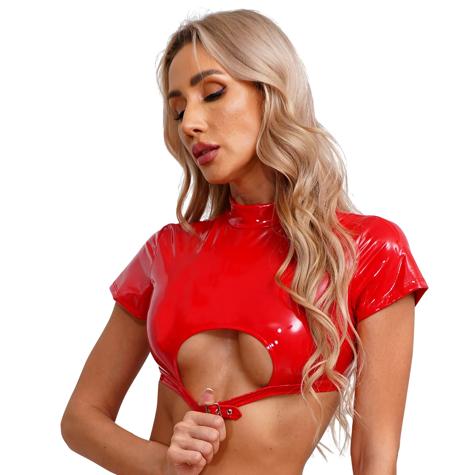 Womens Shiny Metallic Faux Leather Short Sleeve Mock Neck Cut Out Zipper Back Tank Crop Tops Latex Tee Shirt Sexy Clubwear