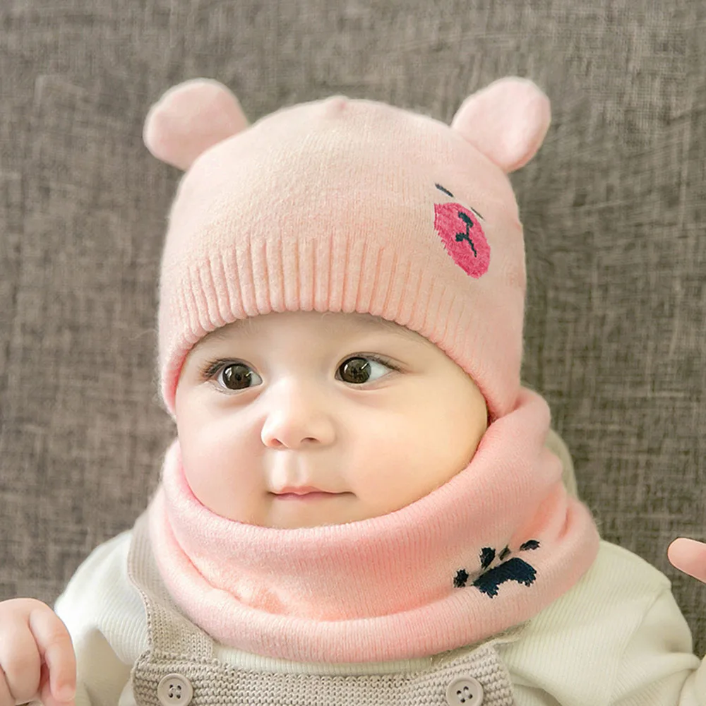 Baby Beanies Two-piece Warm Winter Wool Hat Scarf Set Thickened Boys Girls Scarfs Knitted Hat For Infant Kids 0-8 Month