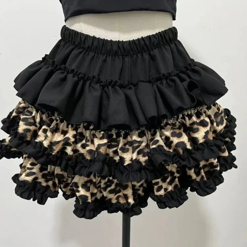 

Y2k Leopard Print Gothic Punk Skirt For Women Ruched Ruffles Patchwork Cake Skirts 2025 Summer New Dark Academia Clothes
