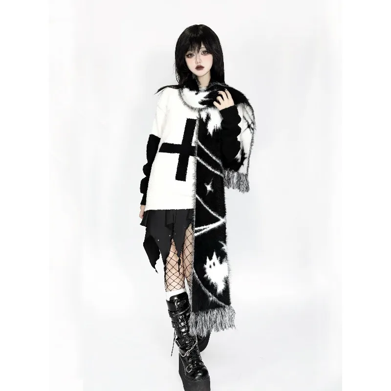 لطيف الكرتون القط وشاح الأصلي رائعتين فو المنك الأوشحة الدافئة الوجهين محبوك طويل Y2K القوطية تأثيري وشاح النساء والرجال