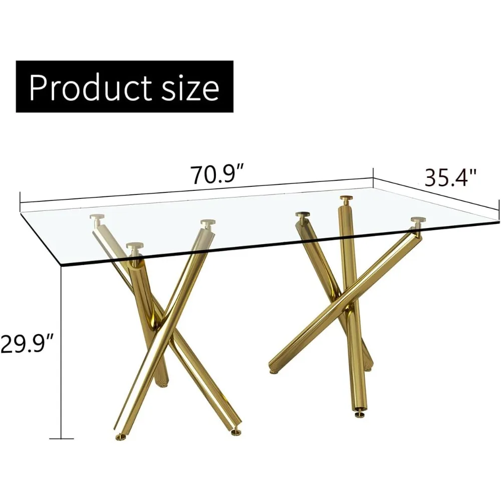 71 in Glass Dining Table,6-8 Person Home Dining Table Large Size Kitchen and Dining Room Table with Tempered Glass top and Gold