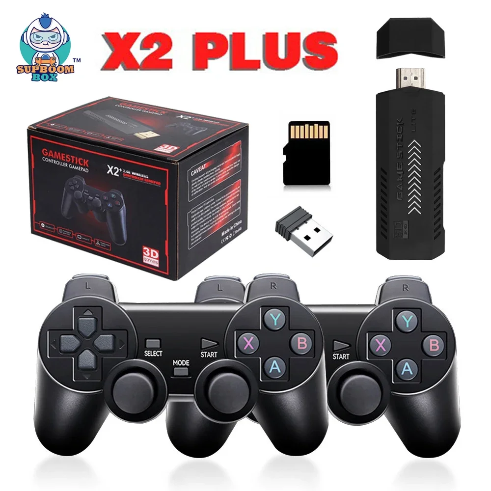 New X2 Plus Game Stick 4K HD Video Game Console 2.4G Double Wireless Controller Game Stick For N64/PSP/PS1/GBA