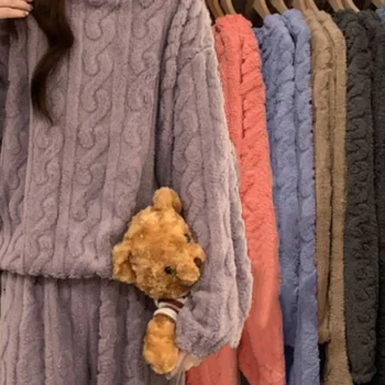 طقم بيجامة من الصوف المرجاني السميك للنساء، ملابس منزلية للخ...