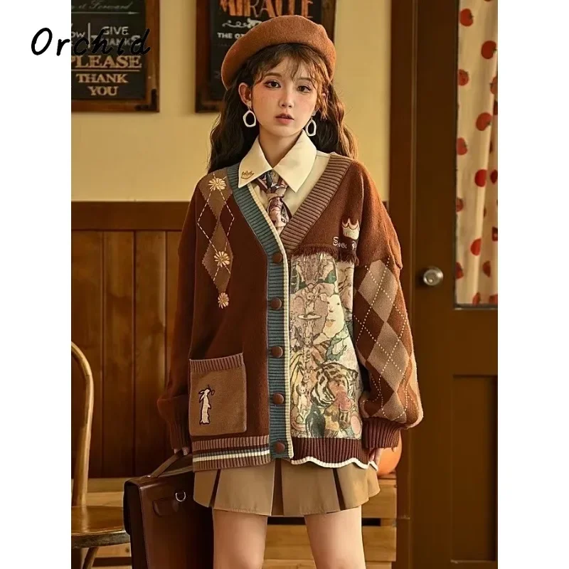 Stylish Vintage Oversized Cardigan Sweater Renaissance Style Loose Knitwear Harajuku Cartoon Knitted Coats Female Clothing