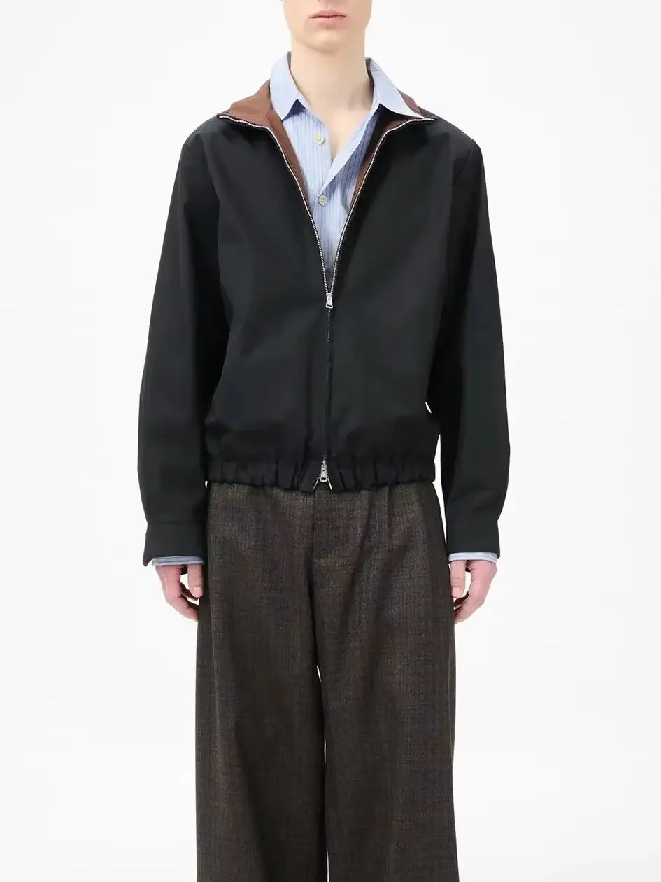 OL black double zipper contrasting color stand-up collar casual Caison jacket