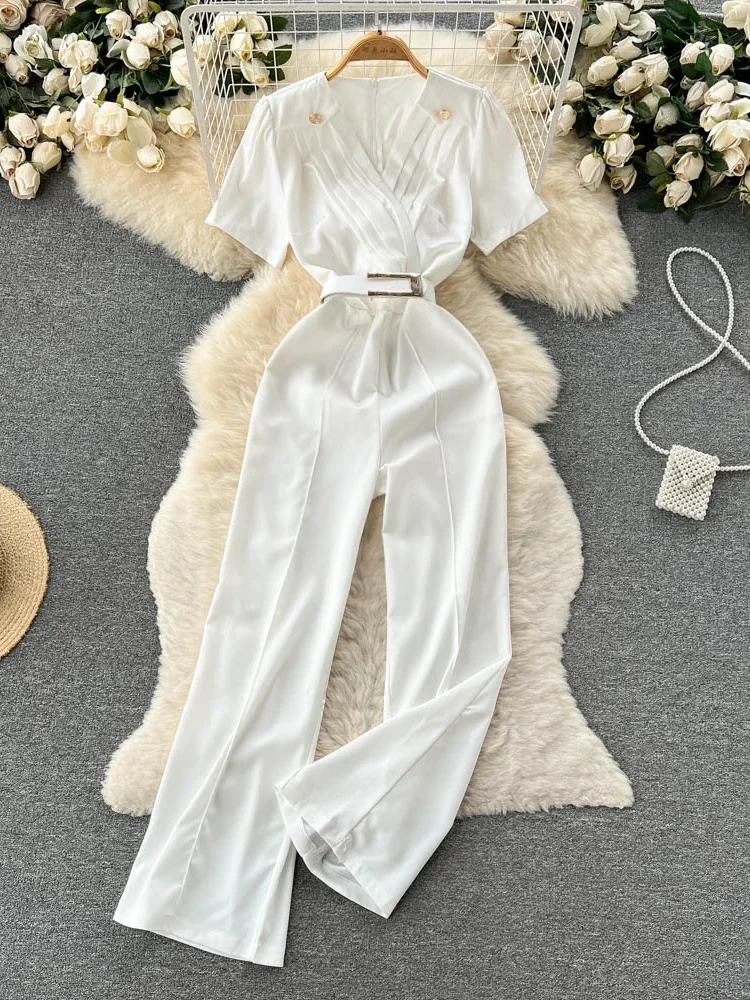 Foamlina Women Jumpsuits Rompers 2024 New Summer White Black V-neck Short Sleeve Belted High Waist Wide Leg Office Work Overalls