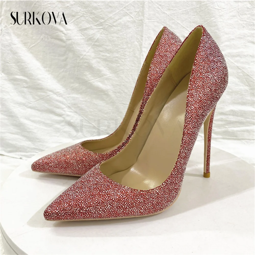 

2023 New Super Fine Sequins Side Empty High Heels Pumps 8/10/12Cm Point Toe Thin Heel Shallow Shoes Soft Leather Women's Shoes