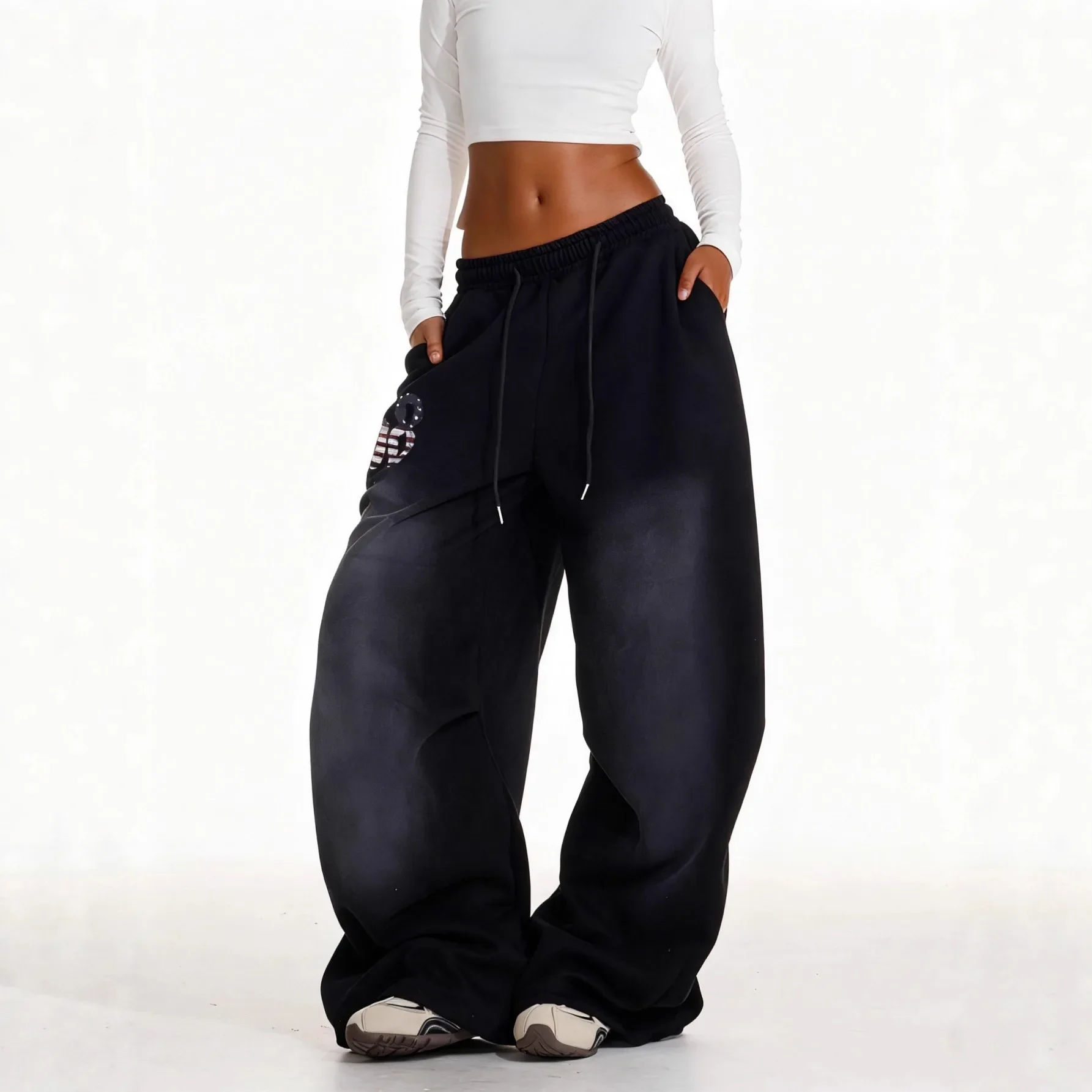 Retro Spice Girl Printed Black Casual Sweatpants Women's Autumn New Loose Versatile Dancing Wide Leg Pants