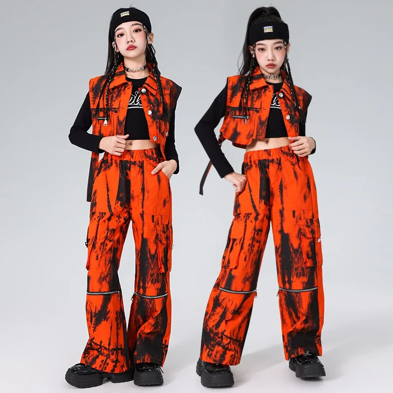 Costumes de danse jazz moderne pour filles, pantalons glacés orange, streetwear imbibé, vêtements de performance hip hop pour enfants, DQS17989, nouveau, 2024