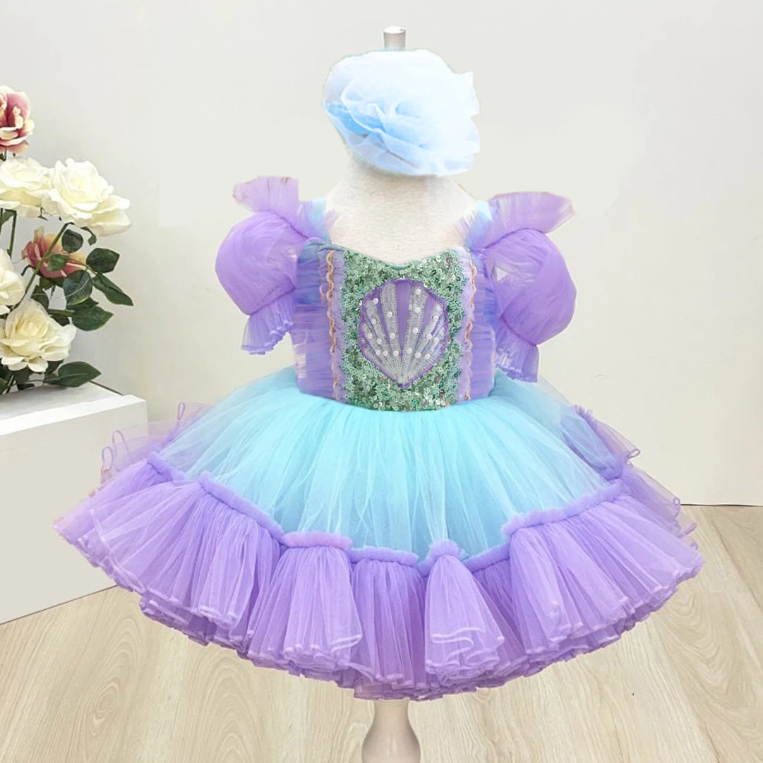 Girls Little Mermaids Dresses Cosplay Birthday Baptism Party Dress for Girl Puff Sleeve Tulle Prom Mermaid Evening Prom Costumes