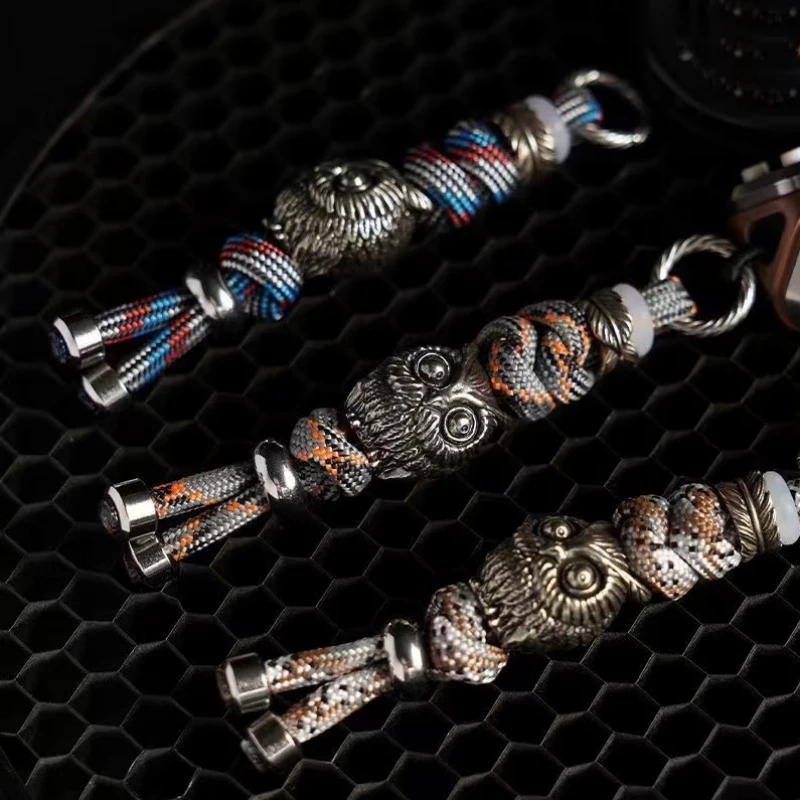Hand knitting Brass Keychains ,Woven Rope Car Key Ring, Engraved The owl Statue, Outdoor Backpack Key Buckle Men Small Trinket