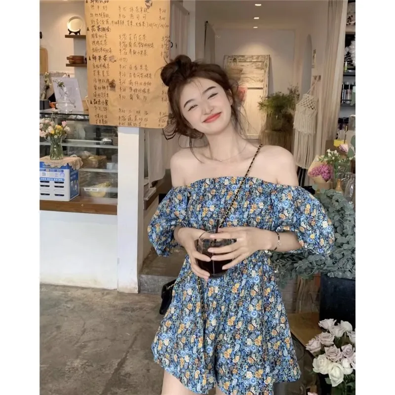 Women's Summer Casual Floral Print Ruffle Jumpsuits Mori Girl Style One-line Collar Loose Kawaii One-piece Clothing