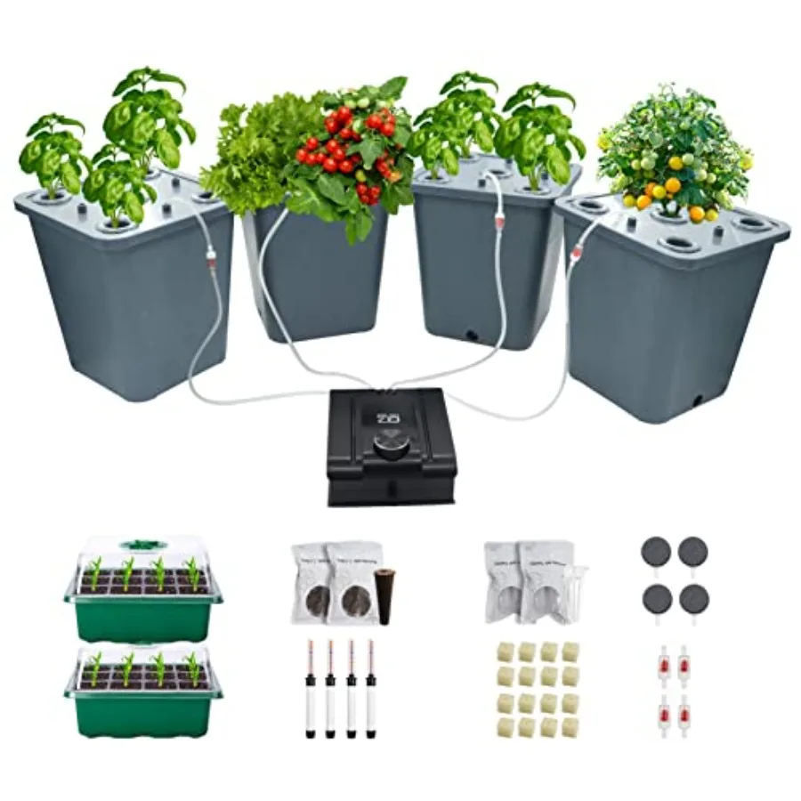 

4 Hydroponic Buckets Kit for Herbs/Tomato/Vegetables DWC System with Air Pump Germination Tray Complete Indoor Hydroponic Garde
