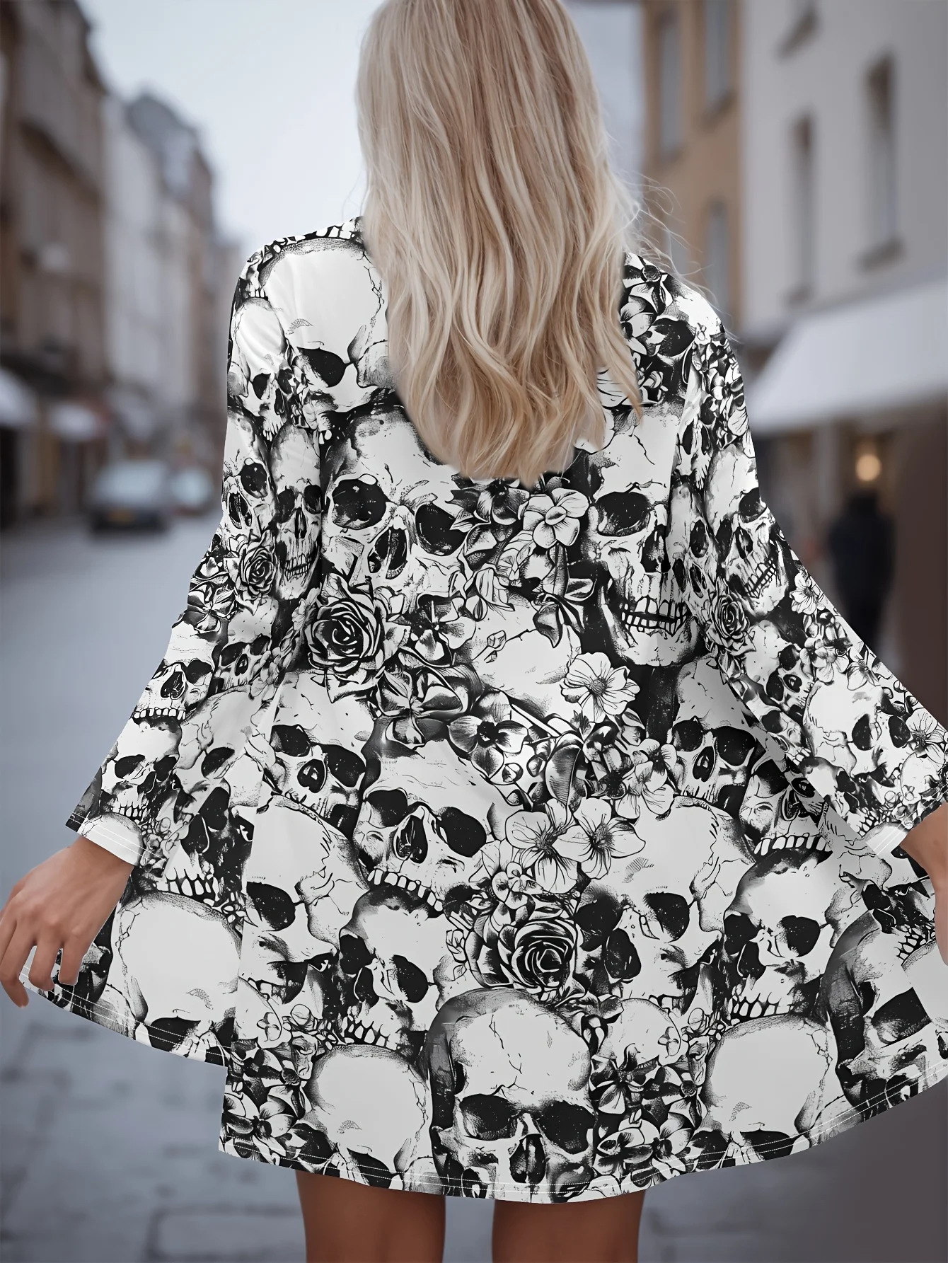 

Модный женский кардиган с длинными рукавами и цветочным принтом черепа, открытая передняя часть из полиэстера, легкая накидка, весенне-осеннее повседневное пальто