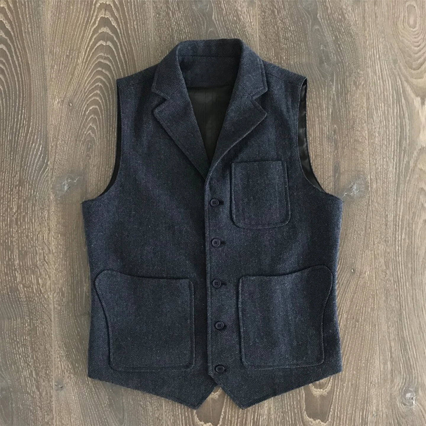 

Peaky Blinders Autumn and Winter American Retro Herringbone Tweed Wool Notched Lapel Hunting Work Vest
