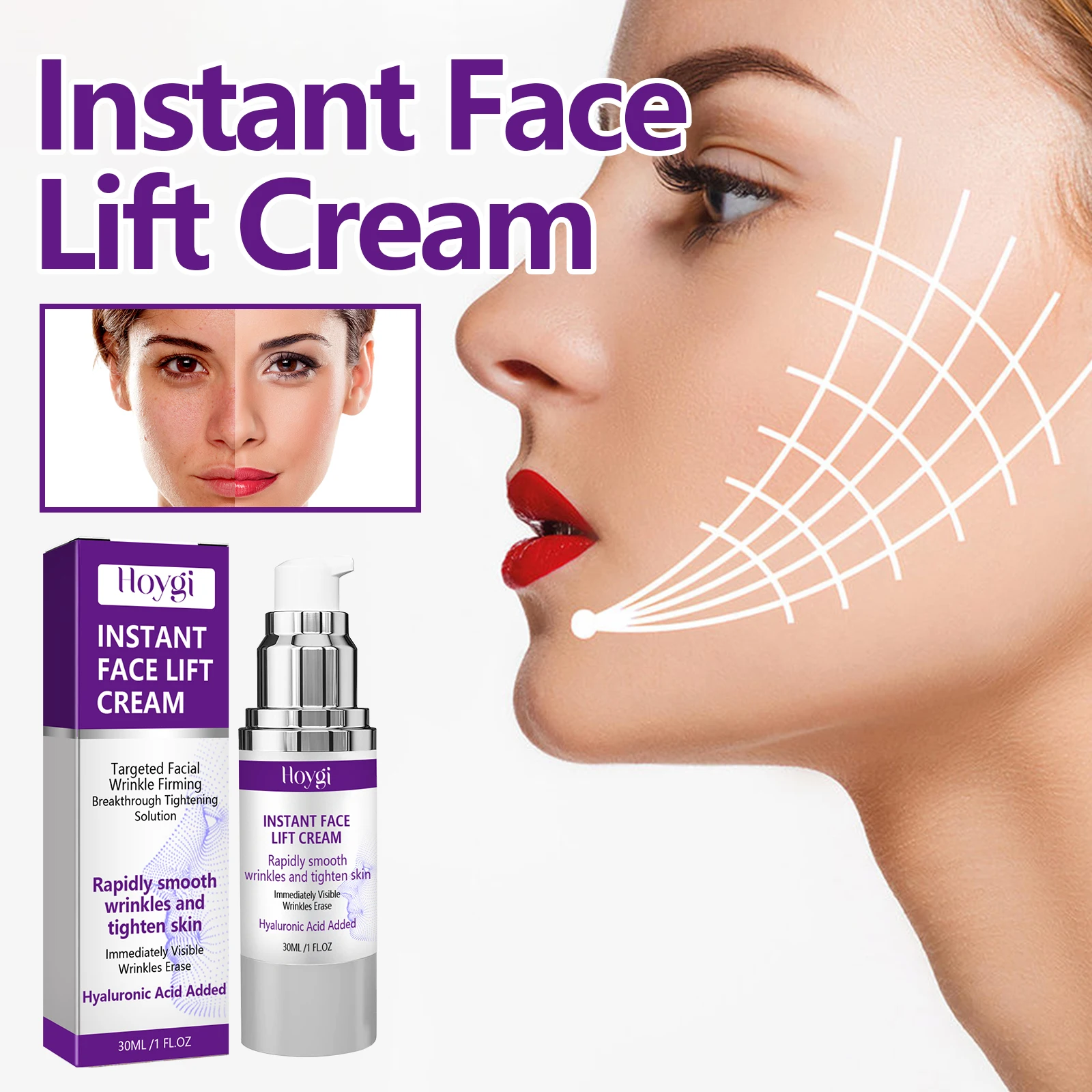 Sofortige Facelift-Creme, Hyaluronsäure, straffend, straffend, glättend, feine Linien, Falten, Aufhellung, Anti-Aging-Gesichtsfeuchtigkeitscreme