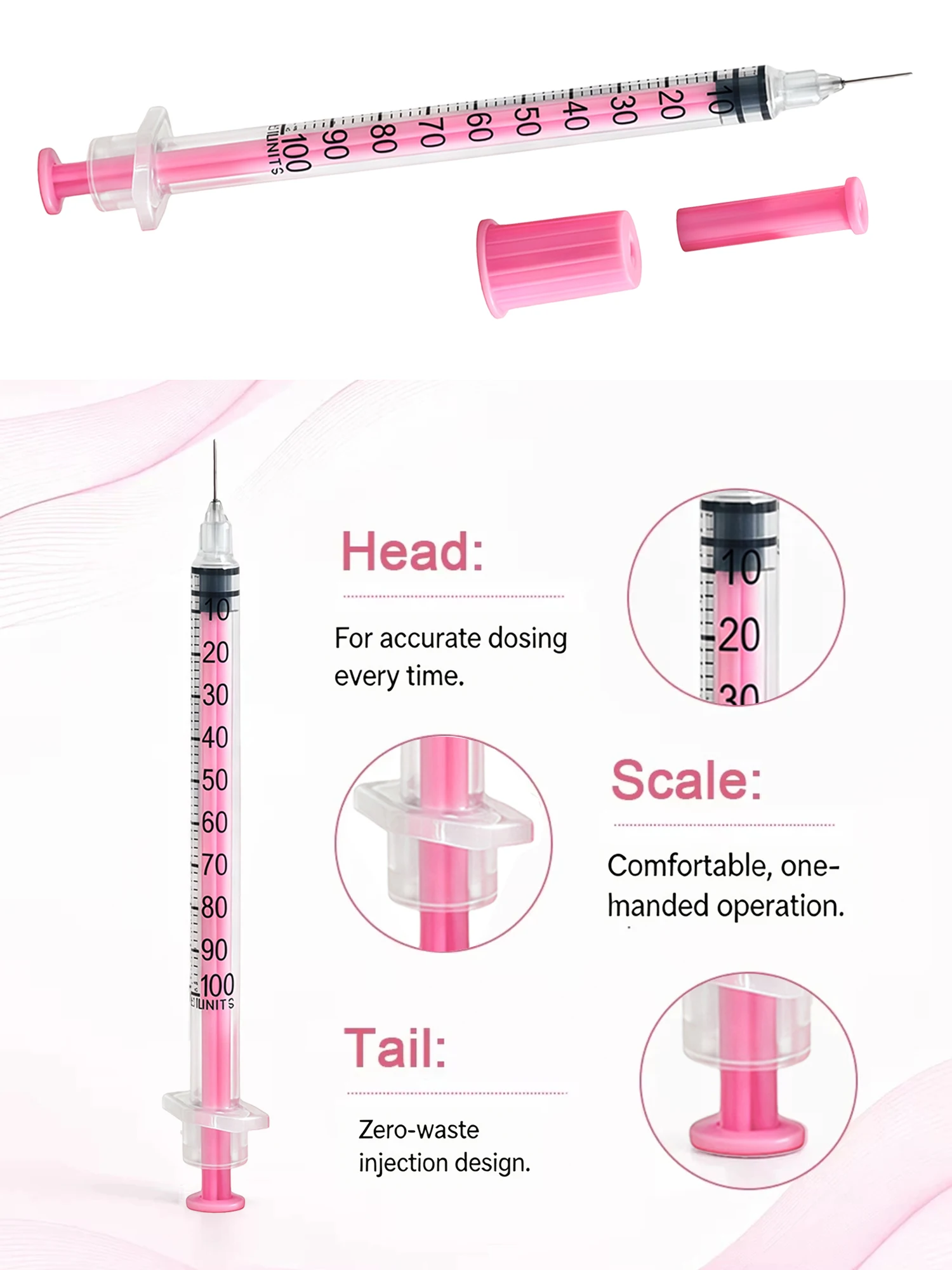 10/30/50 Stück 1ml Rosa Insulinspritze mit 8mm Nadel, EO-Gassterilisiert in Blisterverpackung für Schönheitsgeräte, Einwegartikel – Detail 2