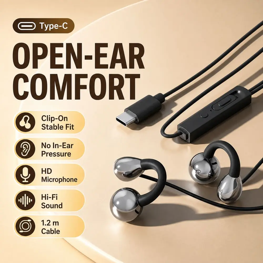 New Inline Control Clip-on Wired Headphones Built in Mic Lightweight Wired Ear Clip Headphones Open Earbuds Mobile Device Use