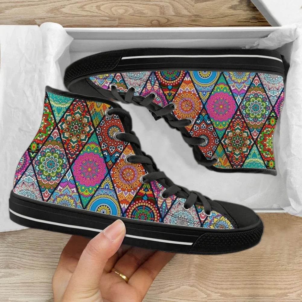 Brand High Top Canvas Shoe Bohemia Mandala Print Women Breathable Sneakers For Teen Boys Lace Up Flats