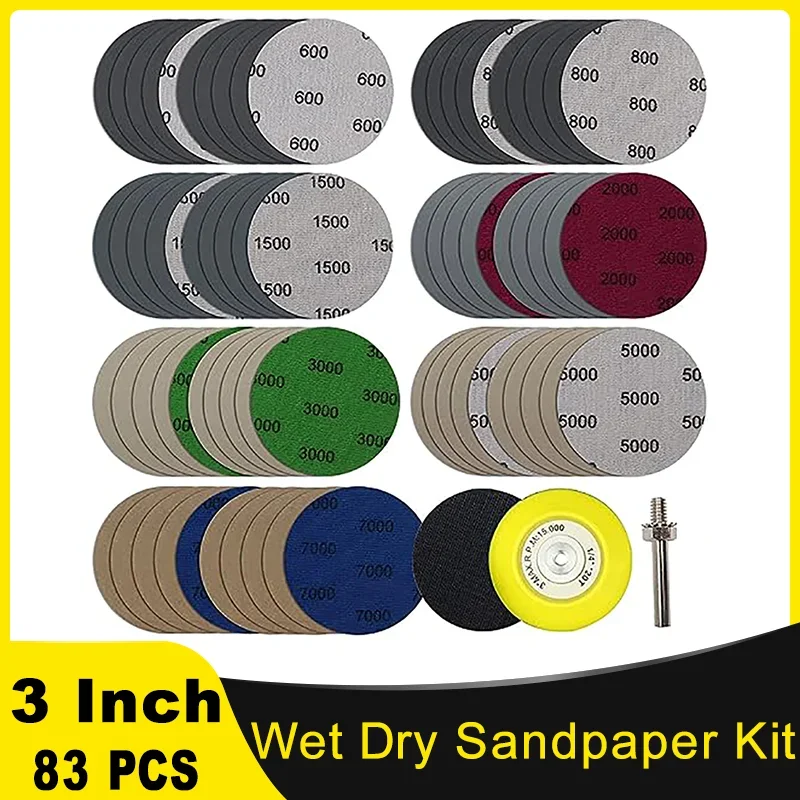 3 Inch Wet and Dry Sandpaper Kit Silicon Carbide Hook and Loop Assorted 600-7000 Grits with 1/4 Adapter for Car Headlight Polish