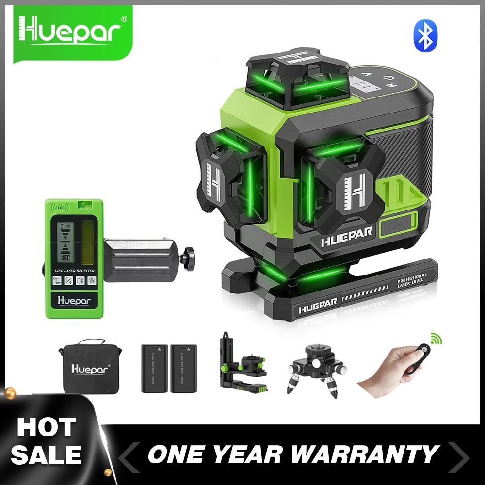 

Huepar 4D 16-Line Green Beam Laser Level with Remote Control, LCD Display,Self-Leveling Cross Line Receiver Kit for Construction
