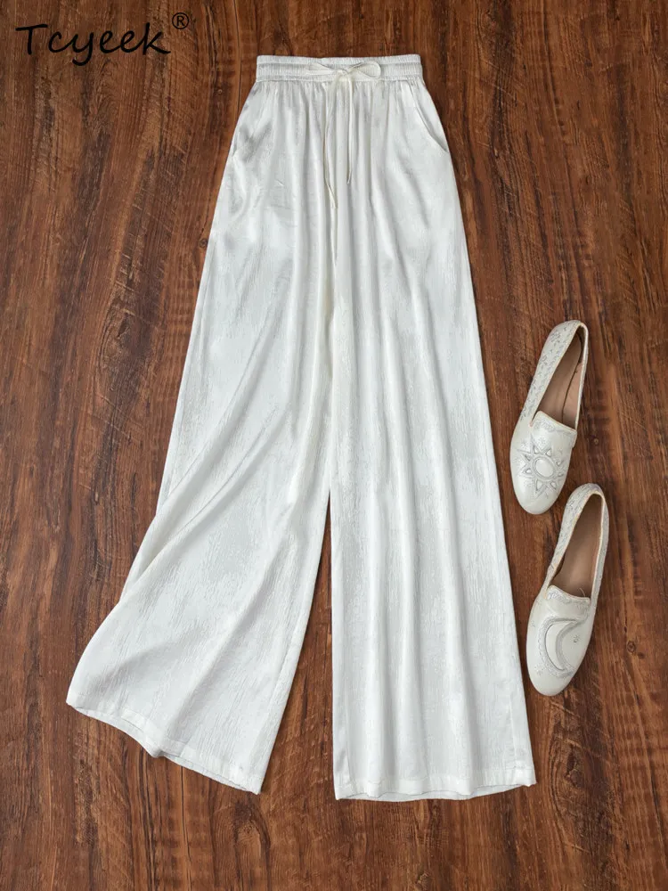 

Tcyeek 93% Mulberry Silk Pants for Women Summer Clothes 21MM Silk Wide Leg Pants Elastic Waist Trousers Woman Pantalones Mujer