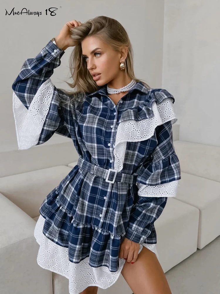 Mnealways18 Cascading Ruffle Gingham Dress With Belt Turn Down Collar Patchwork A-Line Dress Fall Winter 2024 Button Mini Dress