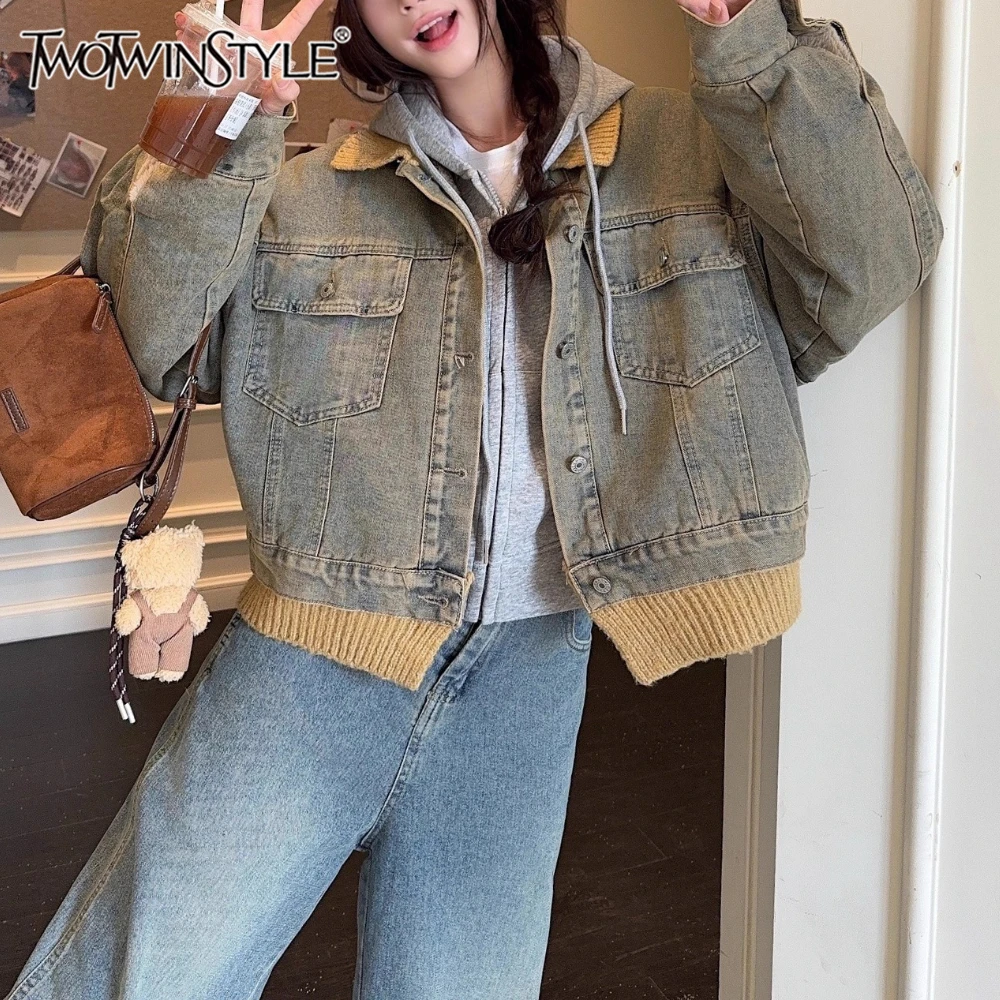 

TWOTWINSTYLE Blue Spliced Pocket Korean Jacket Female Lapel Long Sleeve Loose American Retro Women's Jackets Autumn Fashion New