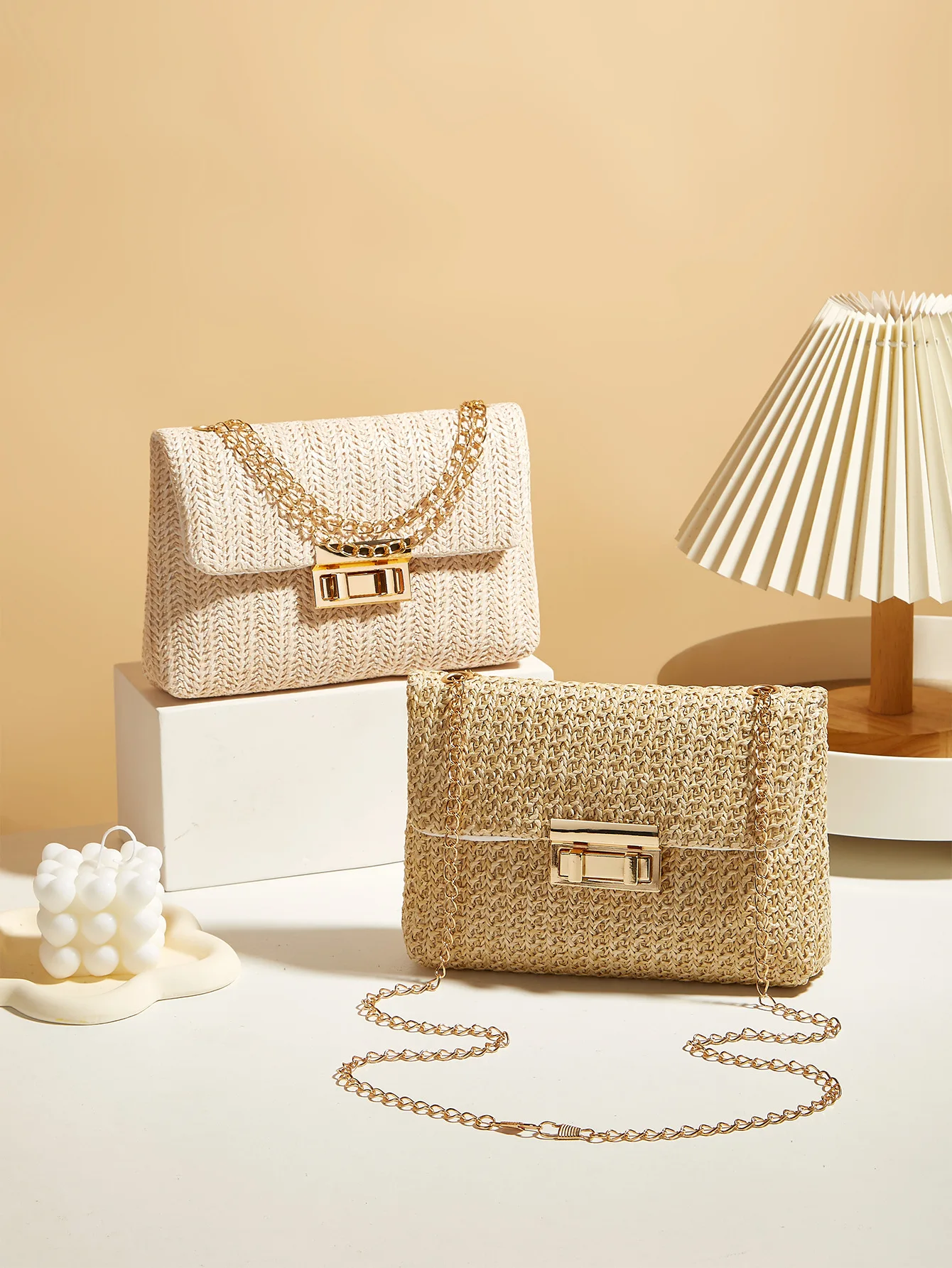 Fashion crossbody bag Korean version trendy grass woven women's bag lock closure simple small square bag image 4