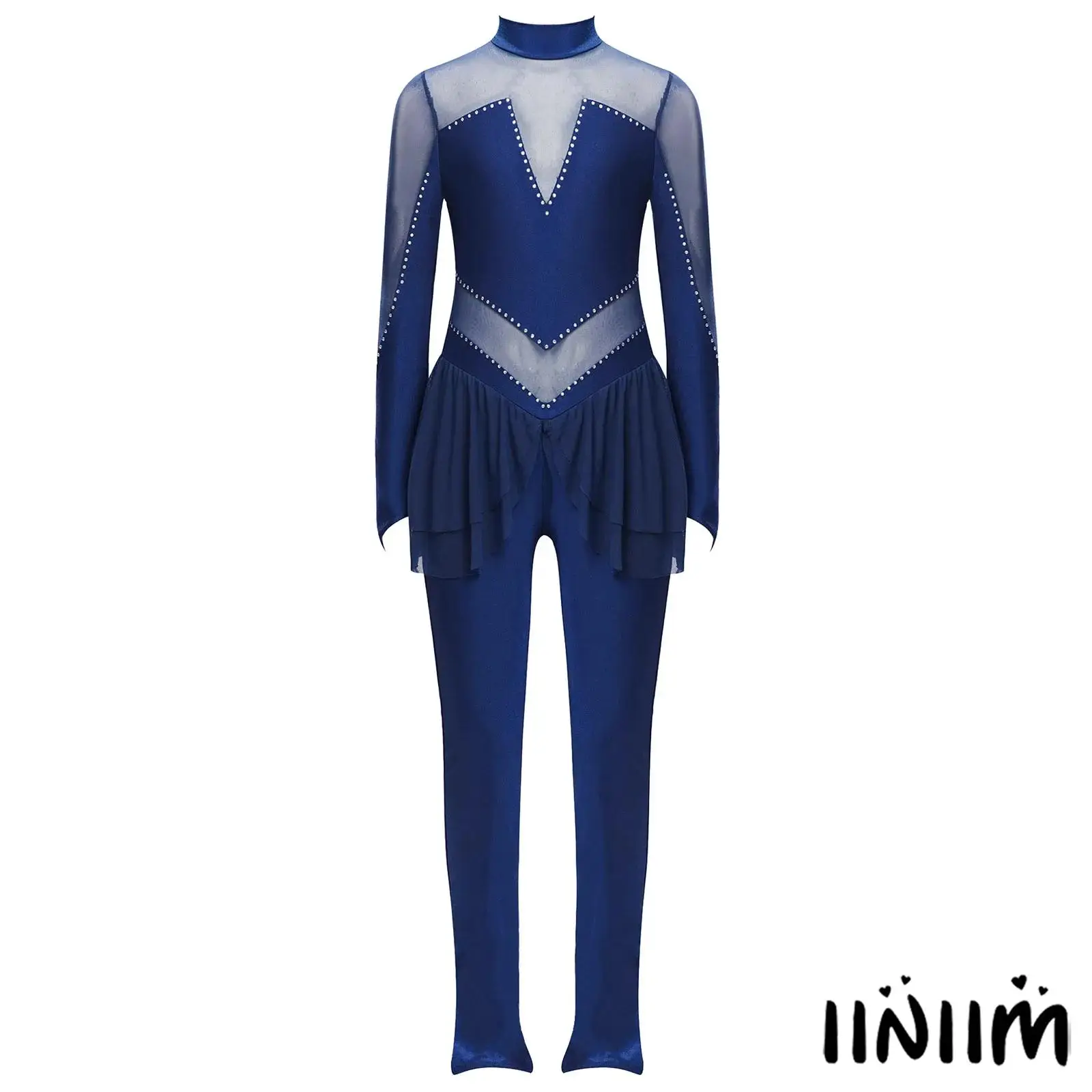 

Childrens Girls Practice Ice Skating Wear Mock Neck Long Sleeve Unitard Breathable Mesh Patchwork Gymnastics Jumpsuit Dancewear