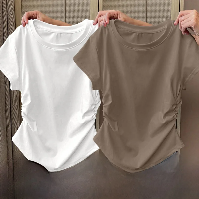 Summer ort Sve T-irt Women's 2025 New Sle Ele High Waist Asymmetrical Commute Slimming Versatile Top