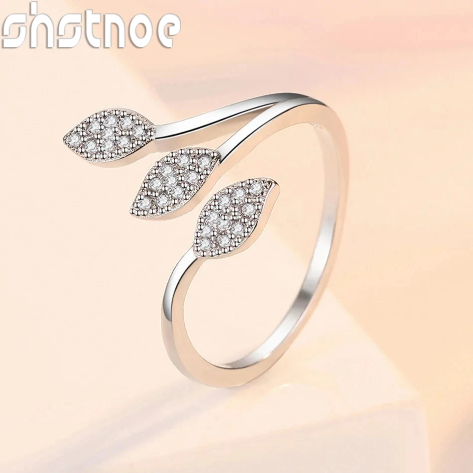 High Quality 925 Sterling Silver AAAAA Zircon Three Leaves Ring For Ladies Dinner Party Elegant Fashion Jewelry